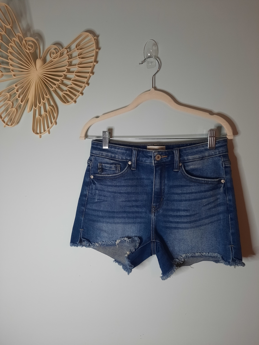 KanCan Medium Blue Distressed Denim Shorts, Raw Hem, Frayed Hem, Spring, Summer